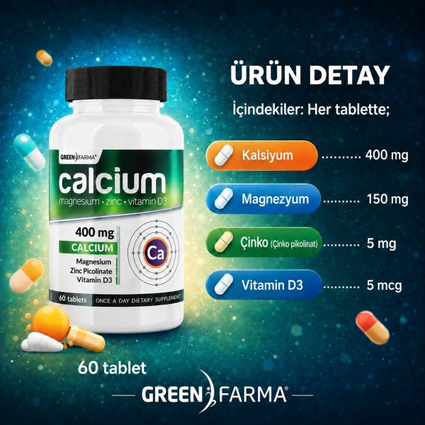 Green Farma Kalsiyum-Mg-Zn-Vit D3 60 Tablet